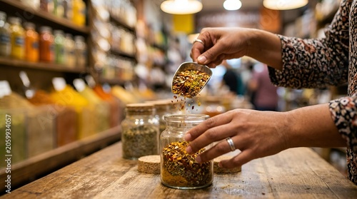 Hands scooping colorful spices into glass jar in shop, close-up, blurred background