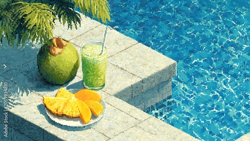 Pixel art illustration of a fresh green coconut, a cold iced drink, and a plate of sliced pineapple and mango resting on a stone tiled deck next to clear blue swimming pool water on