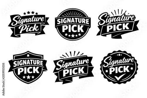Signature pick vector logo collection identifying best choice, premium products, top sales, and quality seal approval