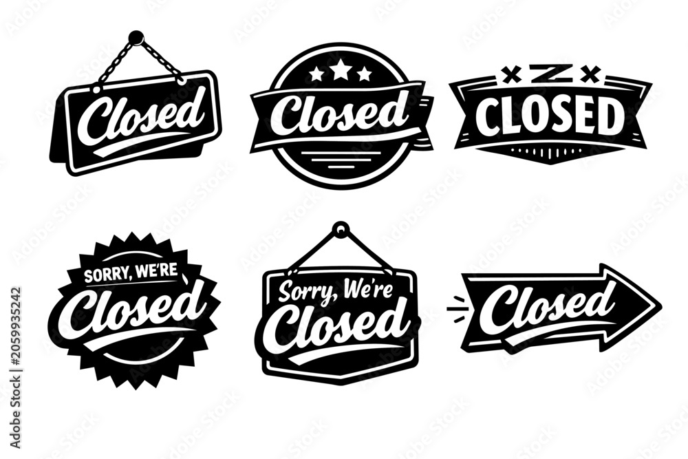 Fototapeta premium Set of various black and white vector closed signs and badges, indicating store, shop, or business closure