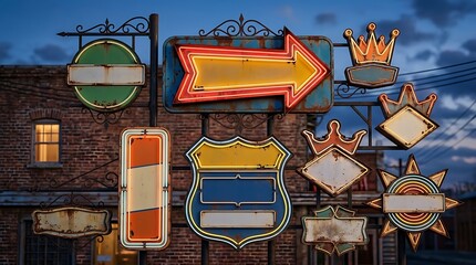 Collection of empty retro neon signs with glowing lights at dusk