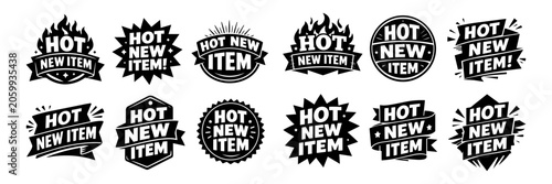 Marketing badges collection with hot new item text for product promotion, sales, and retail advertising