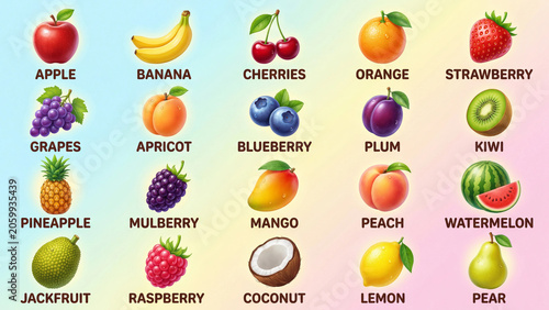 Educational fruit chart showing names of common fruits for kids learning