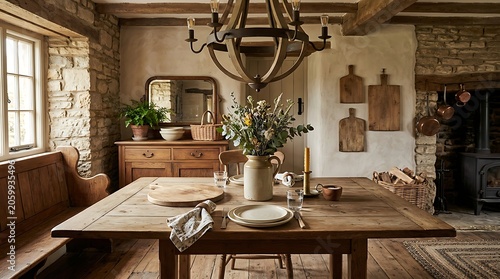 Rustic farmhouse dining room with wooden table and stone walls