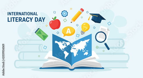 International Literacy Day illustration with educational icons