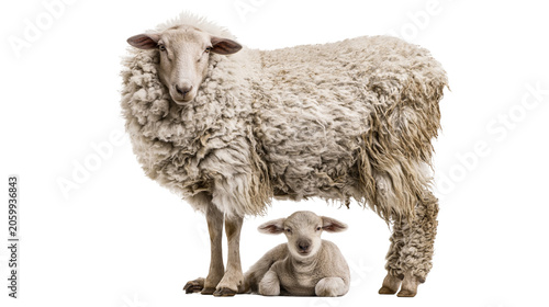Valokuva Sheep and lamb with fluffy wool on white