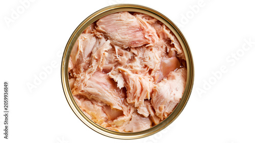 Obraz na plátně Opened tin can with shredded tuna fish meat