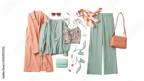 Φωτογραφία Peach trench coat mint green blouse floral camisole wide leg pants handbag scarf