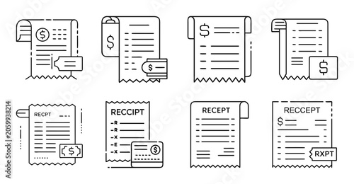 Flat icons showing documents and receipts - Minimalist vector icons of documents, invoices, receipts, and files in a clean, organized layout.