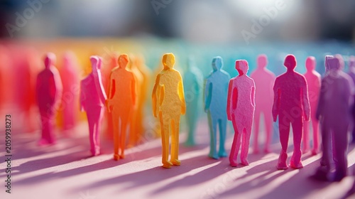 Diverse group of colorful human figures standing together in a vibrant, abstract setting
