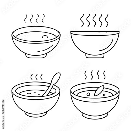 Four bowls of soup with steam illustration - Simple vector icons showing four bowls of steaming soup with a spoon in one, ready for serving.