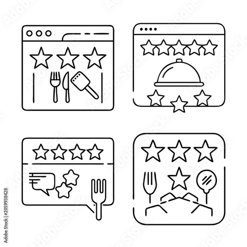 Flat design food rating icons with stars - Four flat icons showing food ratings with stars, forks, and plates in a clean, minimal style.