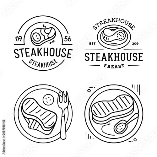 Four steakhouse logo and food icons set - Minimalist vector icons of steakhouse logos and food illustrations including steak, burger, and sandwich in a clean style.
