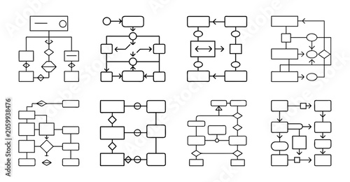 Flowchart with decision and process symbols - Clean vector flowchart icons showing decision diamonds, process boxes, and flow arrows for diagrams and presentations