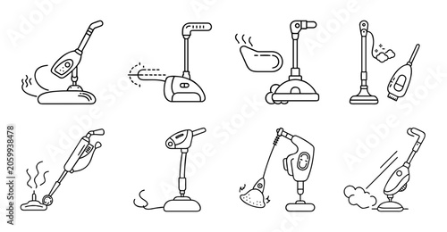 Various cleaning tools and equipment icons - Simple line icons of broom, mop, vacuum, dustpan, spray bottle, and brush for cleaning illustrations.