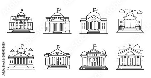 Classic building architectural icons set - Minimalist vector icons of different classical building styles in a neutral background, ideal for architecture or design projects.