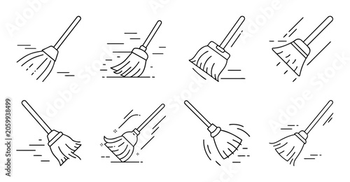 Various broom and dustpan cleaning actions - Illustrations of brooms and dustpans in different cleaning poses and angles for stock use.