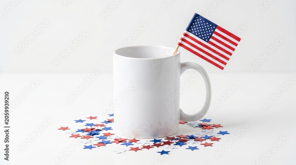 Obraz premium White ceramic mug with small American flag and patriotic star confetti on a white surface