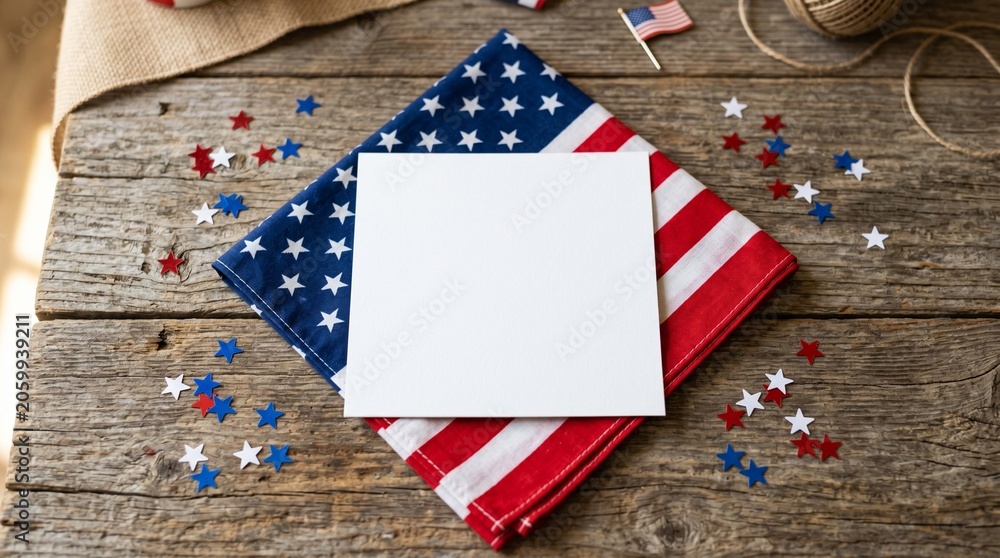 Obraz premium Festive Fourth of July celebration setup with American flag napkin and scattered confetti on rustic