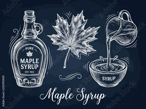 Maple Syrup Pouring Into Bowl With Leaf and Bottle Illustration