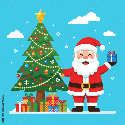 Santa Claus with a decorated Christmas tree and presents