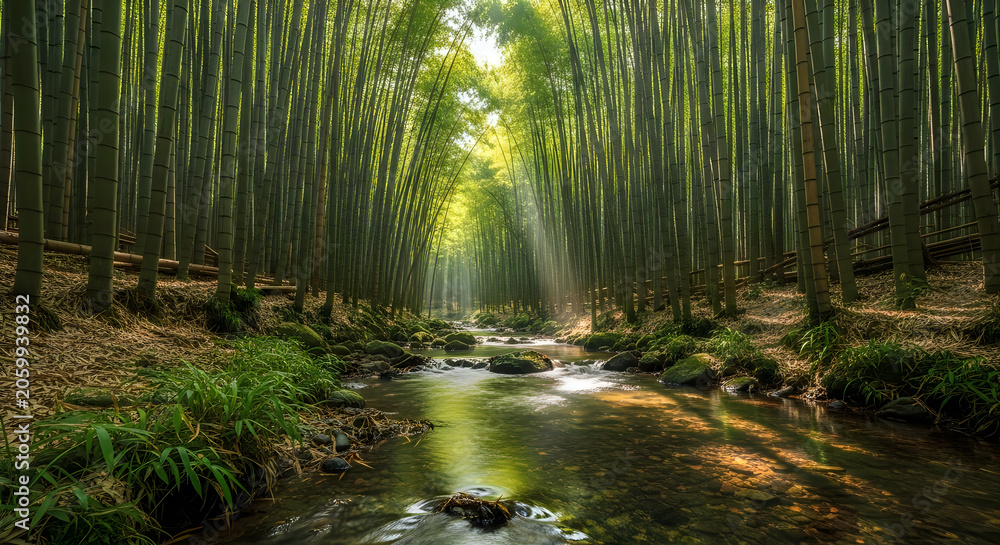 Fototapeta premium Serene bamboo grove landscape with sunbeams over tranquil stream