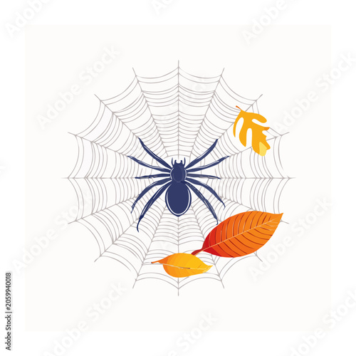 Spider on Web with Autumn Leaves Illustration