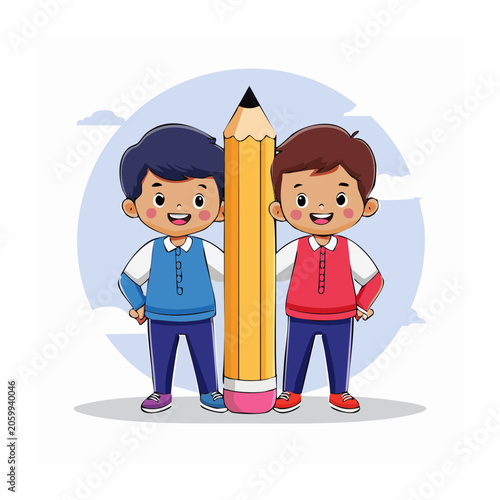 Two cartoon boys holding a giant pencil illustration