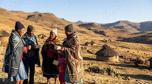 African family in traditional blankets exchanging gifts in village