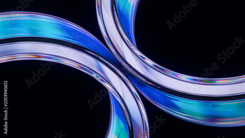 Two Glass Iridescent Rings Intertwined Chromatic Dispersion Black Background 3D Render