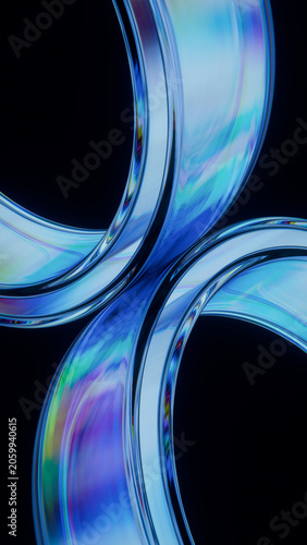 Two Glass Iridescent Rings Intertwined Chromatic Dispersion Black Vertical Background 3D Render