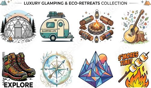 Foto Luxury Glamping and Eco Retreats Vector Element Bundle Featuring Campfire Traile