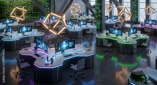 High tech workspace with neon lights and vertical green walls