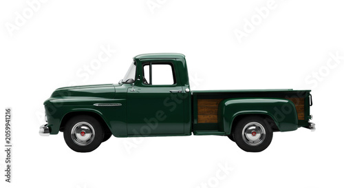 restored deep crimson 1950s american pickup truck (chevrolet 3100 style) with polished chrome and oak bed, isolated on a high-key white studio background, concept of vintage americana and design