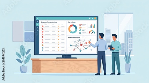 Business team analyzing financial risk indicators and network visualization on large office computer screen