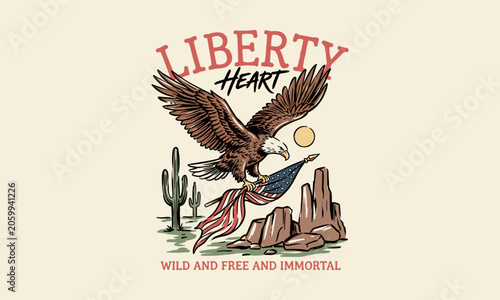 Fotografia Patriotic bald eagle flying with the US flag over a desert canyon with cacti