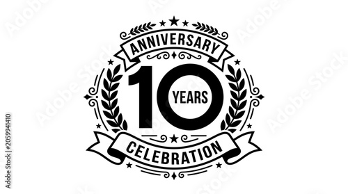 Black and white 10th anniversary celebration emblem.