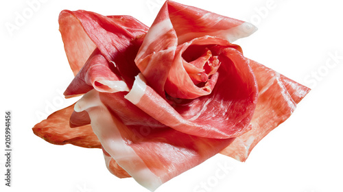 Foto Thinly sliced cured ham with white fat streaks