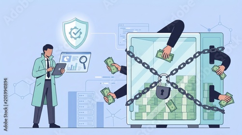 Corporate financial security concept with digital data protection and secure vault storage for business assets