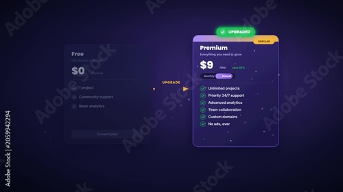 Subscription pricing plan comparison animation with free and premium upgrade on dark app interface