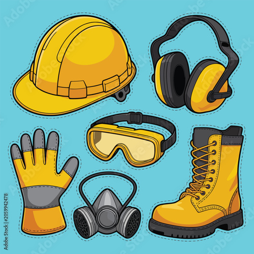 Safety Protection Tools and Equipment Vector Pack Featuring Helmet Ear Muffs Respirator Gloves Goggles and Work Boots