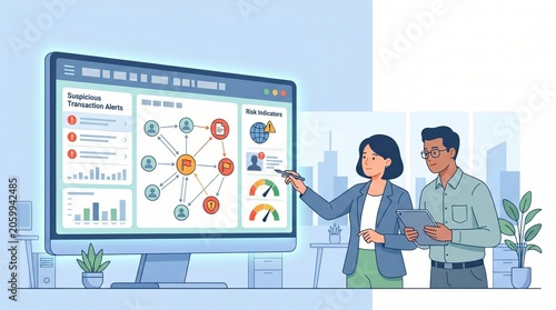 Financial analysts reviewing suspicious transaction alerts on a large computer monitor screen display