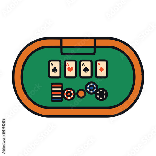 Poker Table with Cards and Chips layout top view
poker, table, cards, chips, game, gambling, casino, ace, heart, diamond, club, spade, play, bet, risk, luck, fortune, entertainment, leisure, hobby, co