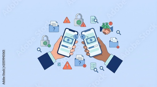 International money transfer concept with smartphones and currency symbols on a light blue background
