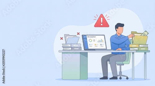 Office worker facing financial compliance warning while organizing documents and cash in corporate setting