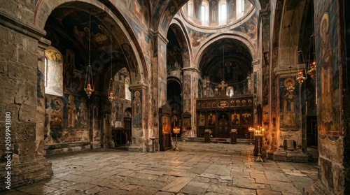 Svetitskhoveli Cathedral Interior in Mtskheta Georgia with Ancient Stone Columns Frescoes and Arches in Sacred Worship Space