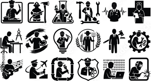 WebProfessional trade professions and occupations vector icons set featuring corporate worker silhouettes isolated on white background