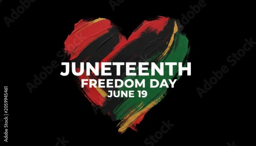 Juneteenth Freedom Day Celebration with Colorful Heart Design and Text on Black Background