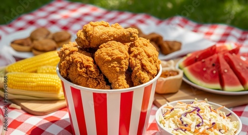 Fried chicken in a red and white striped bucket