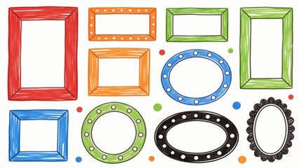 Colorful hand-drawn picture frames collection with doodle patterns, colorful